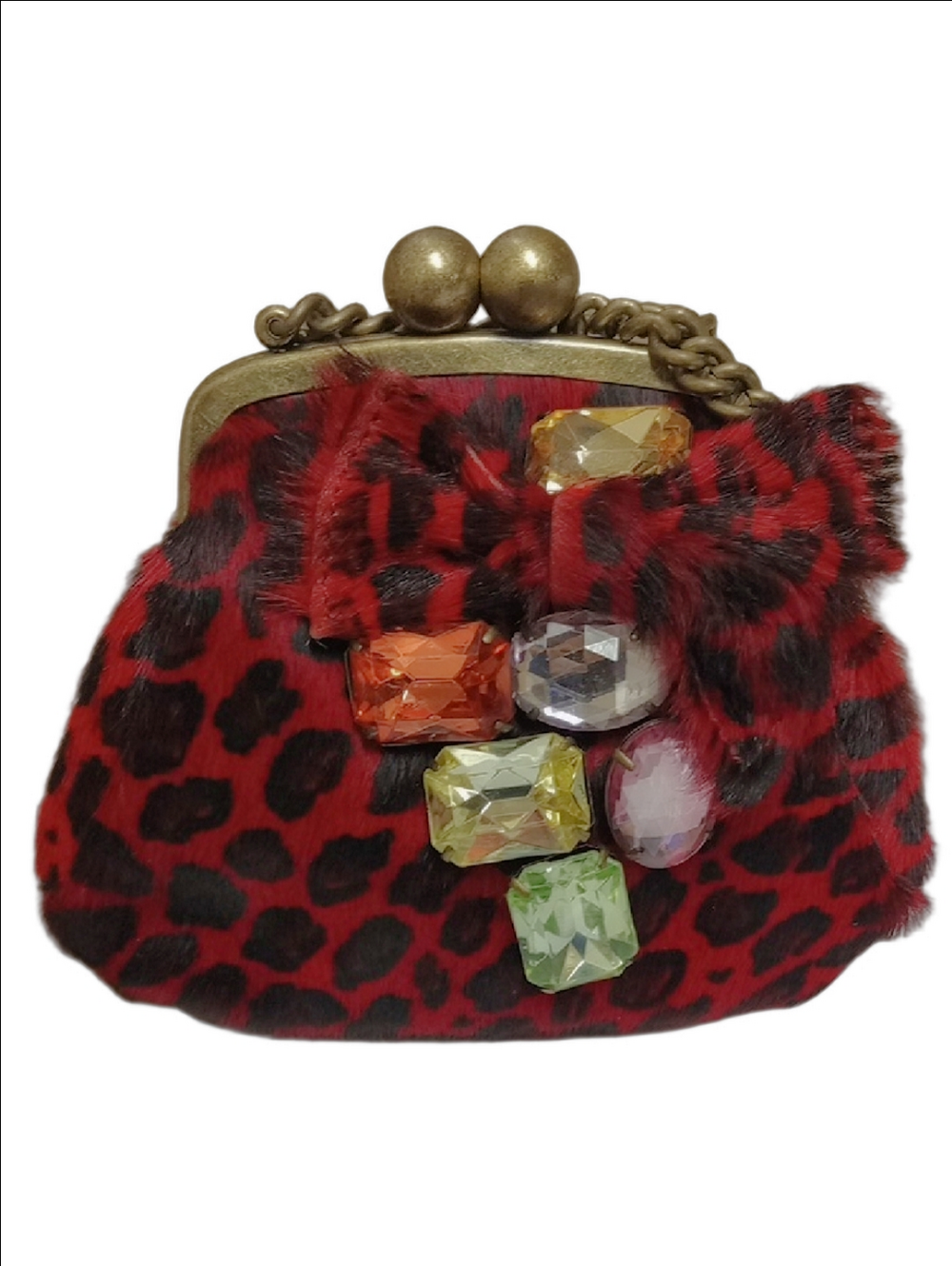✨BETSEY JOHNSON Y2K RED AND BLACK CHEETAH PRINT LEATHER MINI CHAIN BAG WITH BOW